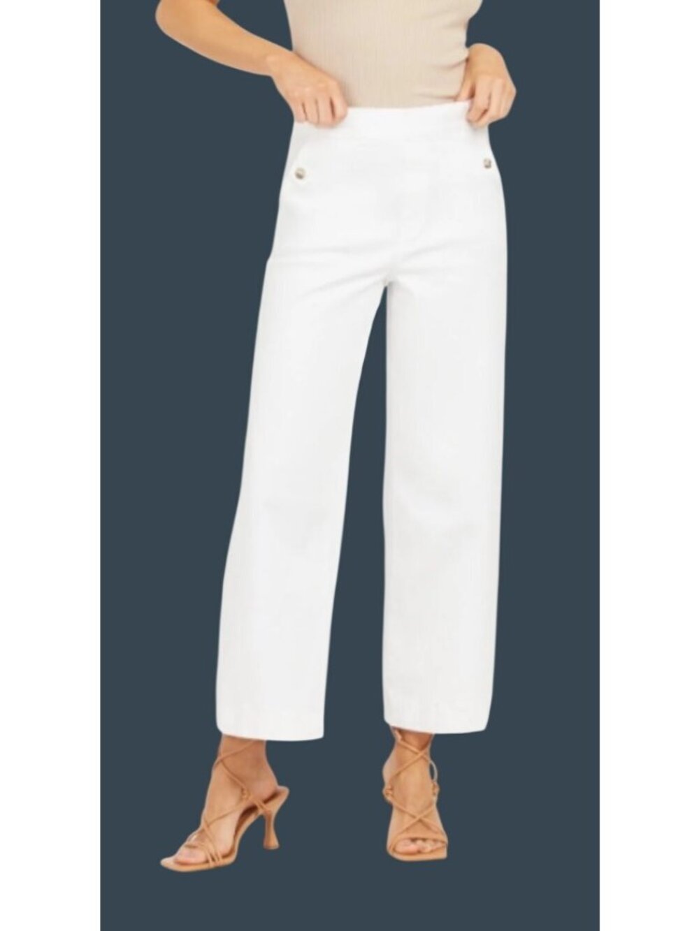 Spanx Womens Wide-Leg stretch White High-Waist Cropped Pants Size L Cotton Blend